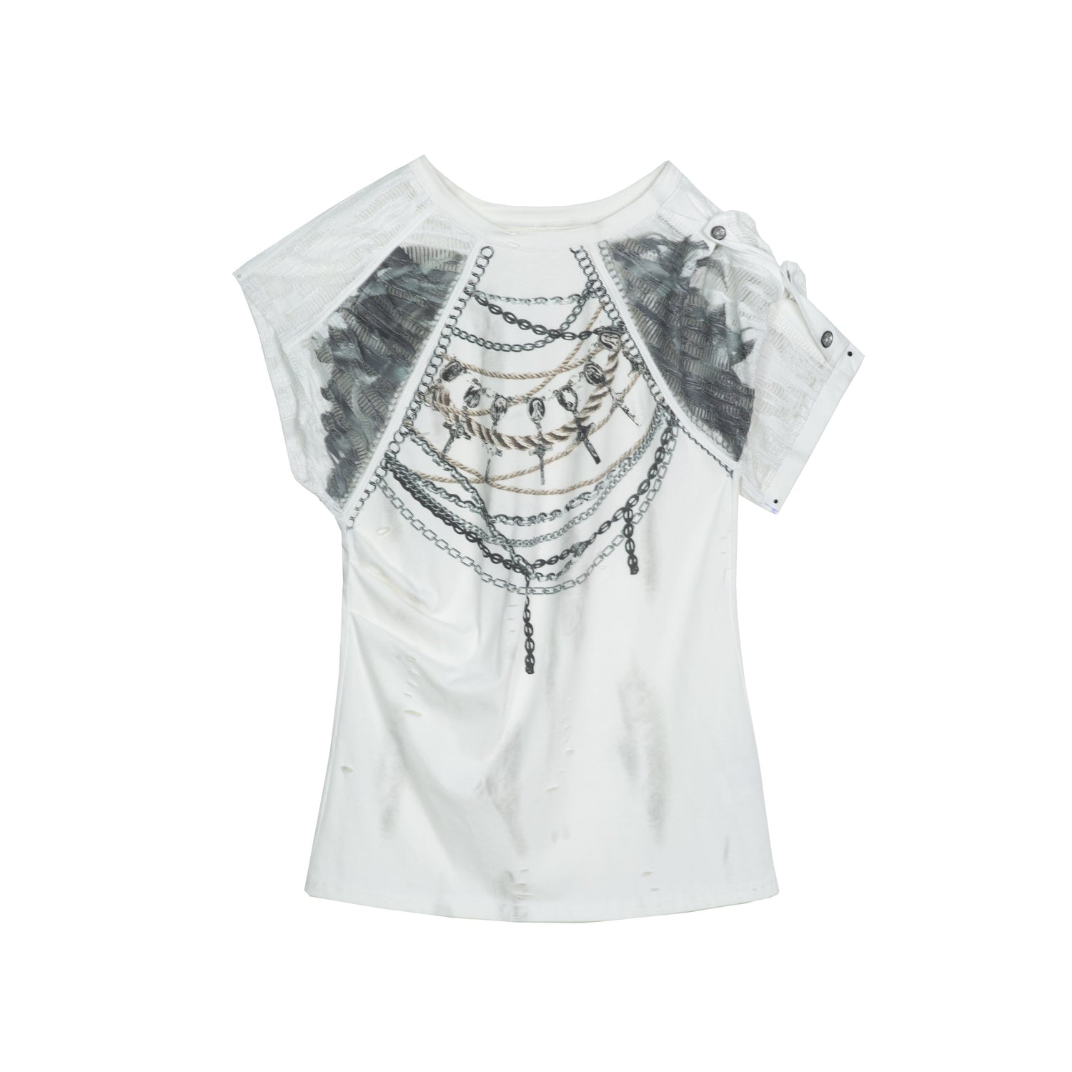 ARIADNAw Edgy Asymmetrical Drawstring Print Loose Bell Sleeve Women Short Sleeve T-Shirts