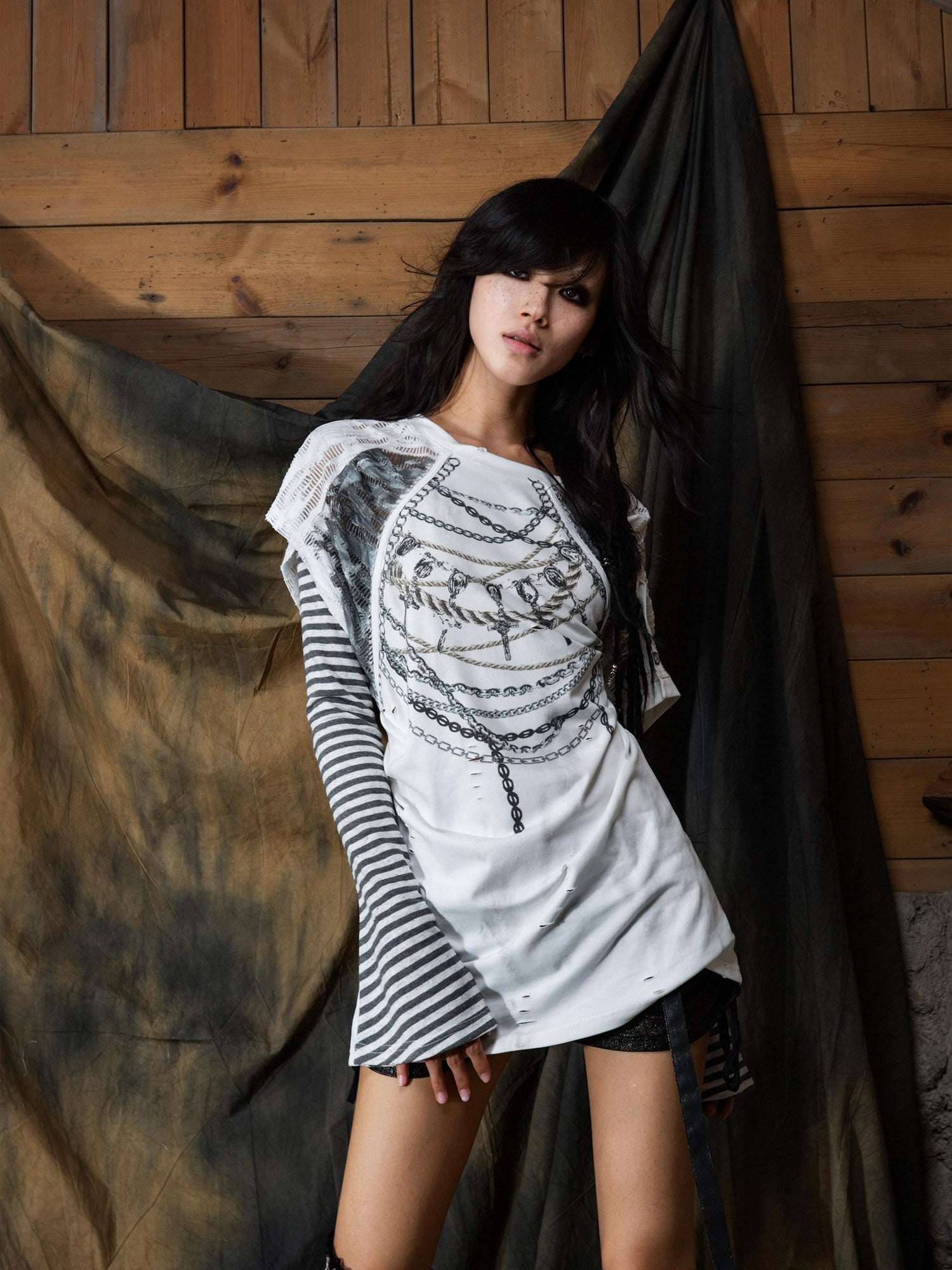 ARIADNAw Edgy Asymmetrical Drawstring Print Loose Bell Sleeve Women Short Sleeve T-Shirts
