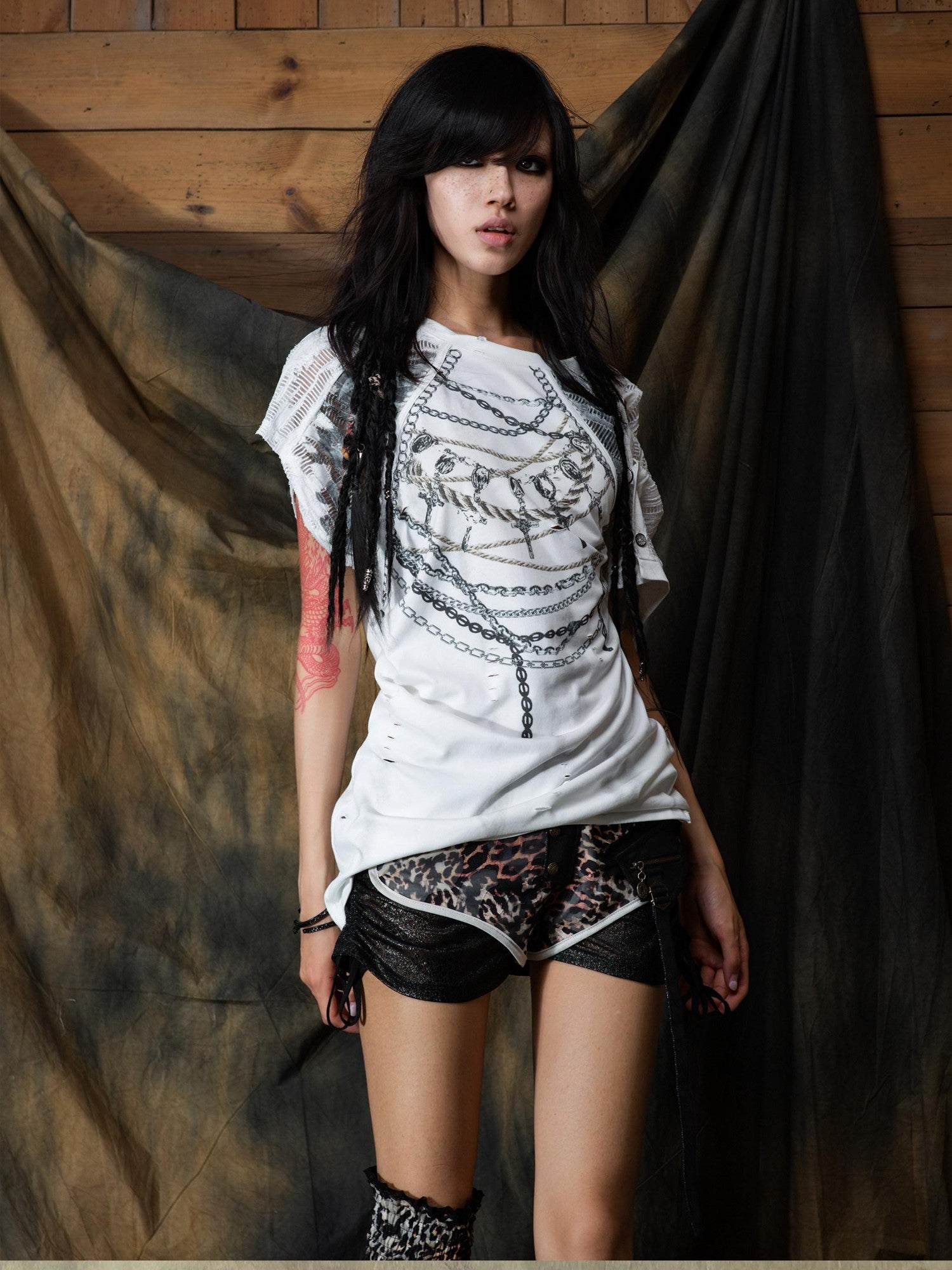ARIADNAw Edgy Asymmetrical Drawstring Print Loose Bell Sleeve Women Short Sleeve T-Shirts