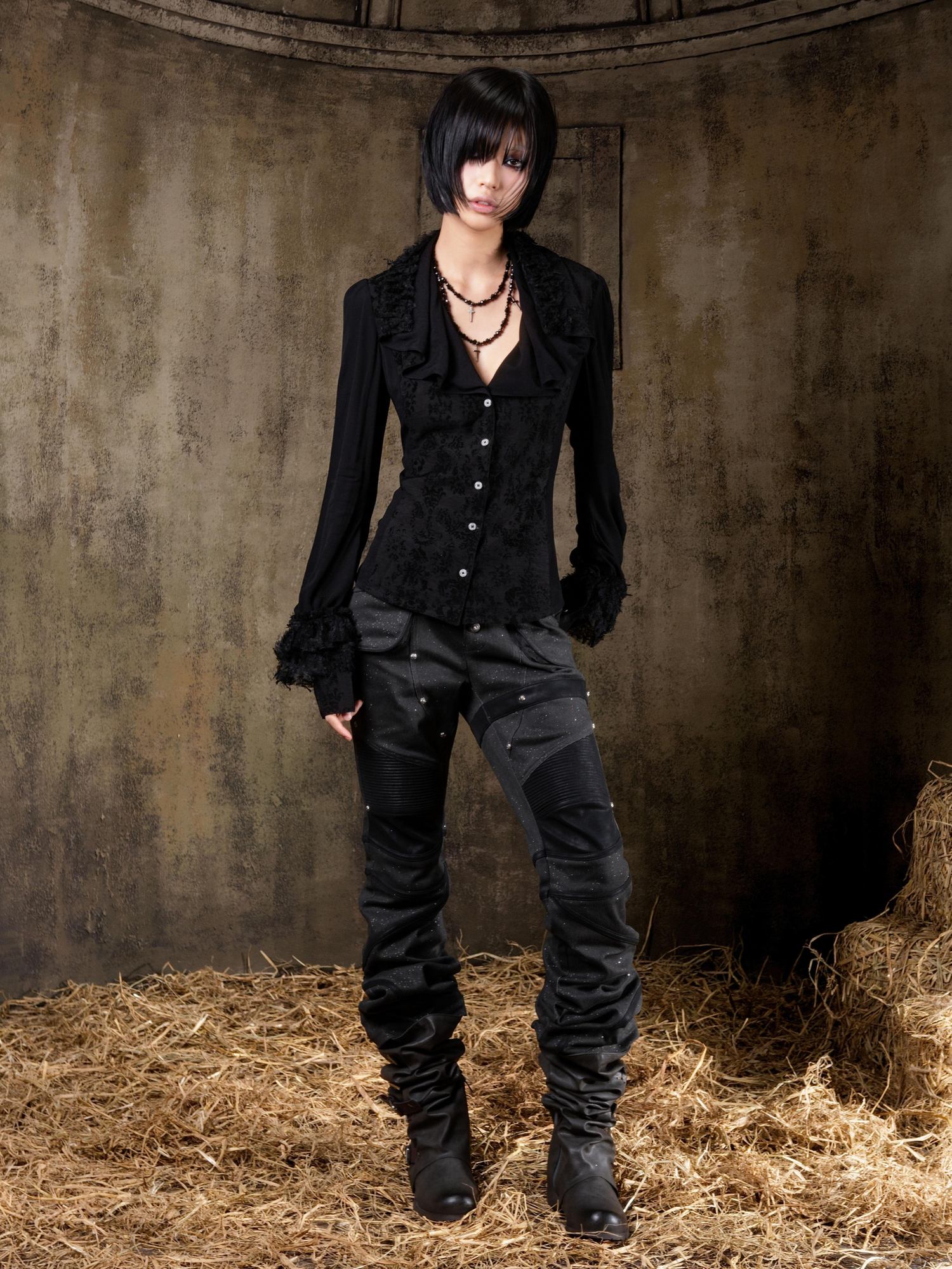 ARIADNAw Edgy Low Rise Straight Leg Stitched Patchwork Womens Punk Two Tone Pants