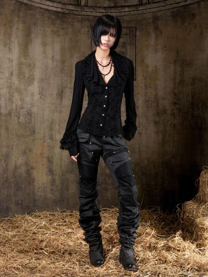 ARIADNAw Edgy Low Rise Straight Leg Stitched Patchwork Womens Punk Two Tone Pants