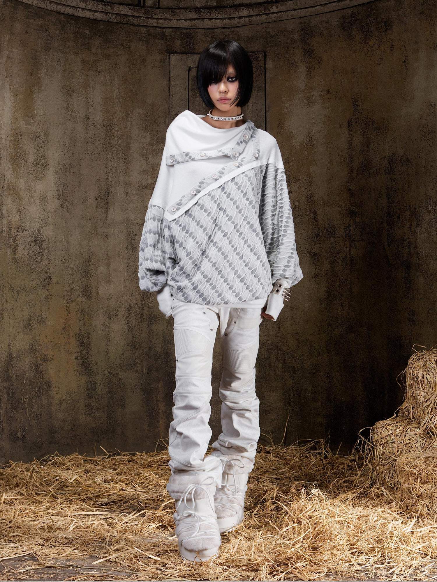 ARIADNAw Edgy Low Rise Straight Leg Stitched Patchwork Womens Punk Two Tone Pants