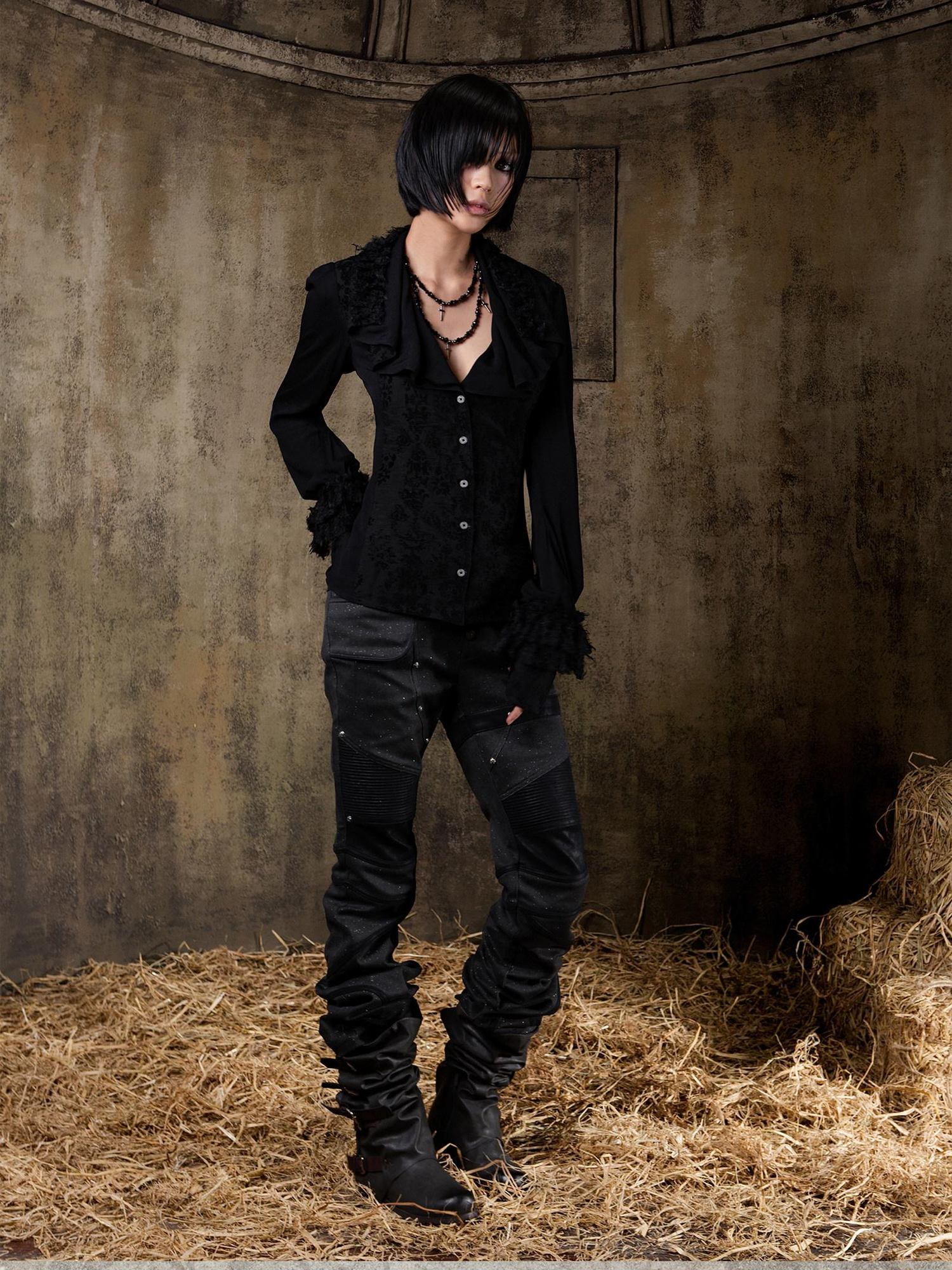 ARIADNAw Edgy Low Rise Straight Leg Stitched Patchwork Womens Punk Two Tone Pants