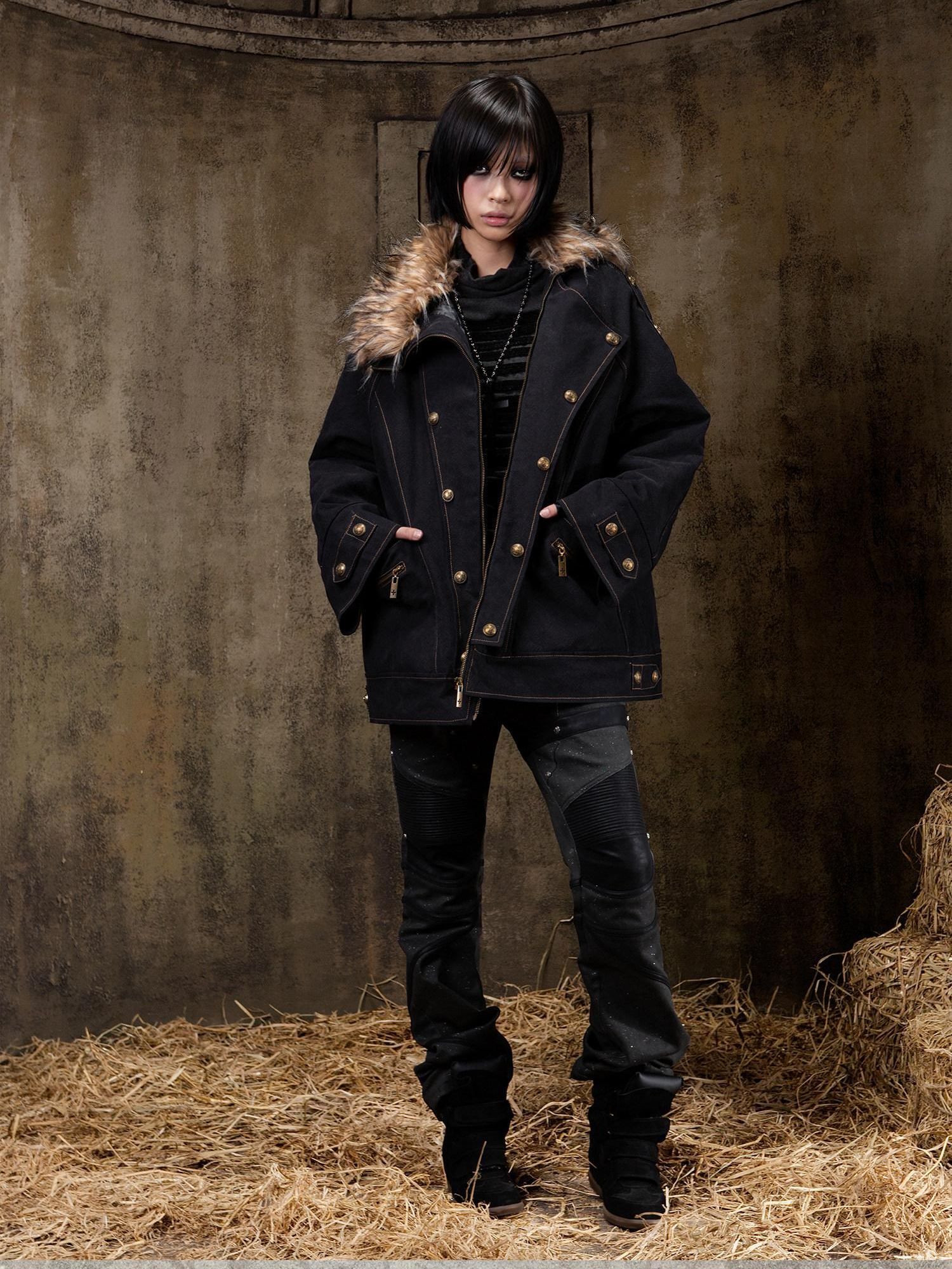 ARIADNAw Edgy Low Rise Straight Leg Stitched Patchwork Womens Punk Two Tone Pants