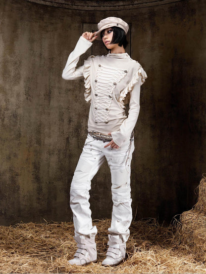 ARIADNAw Edgy Low Rise Straight Leg Stitched Patchwork Womens Punk Two Tone Pants