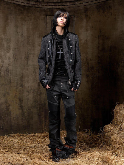 ARIADNAw Edgy Low Rise Straight Leg Stitched Patchwork Womens Punk Two Tone Pants