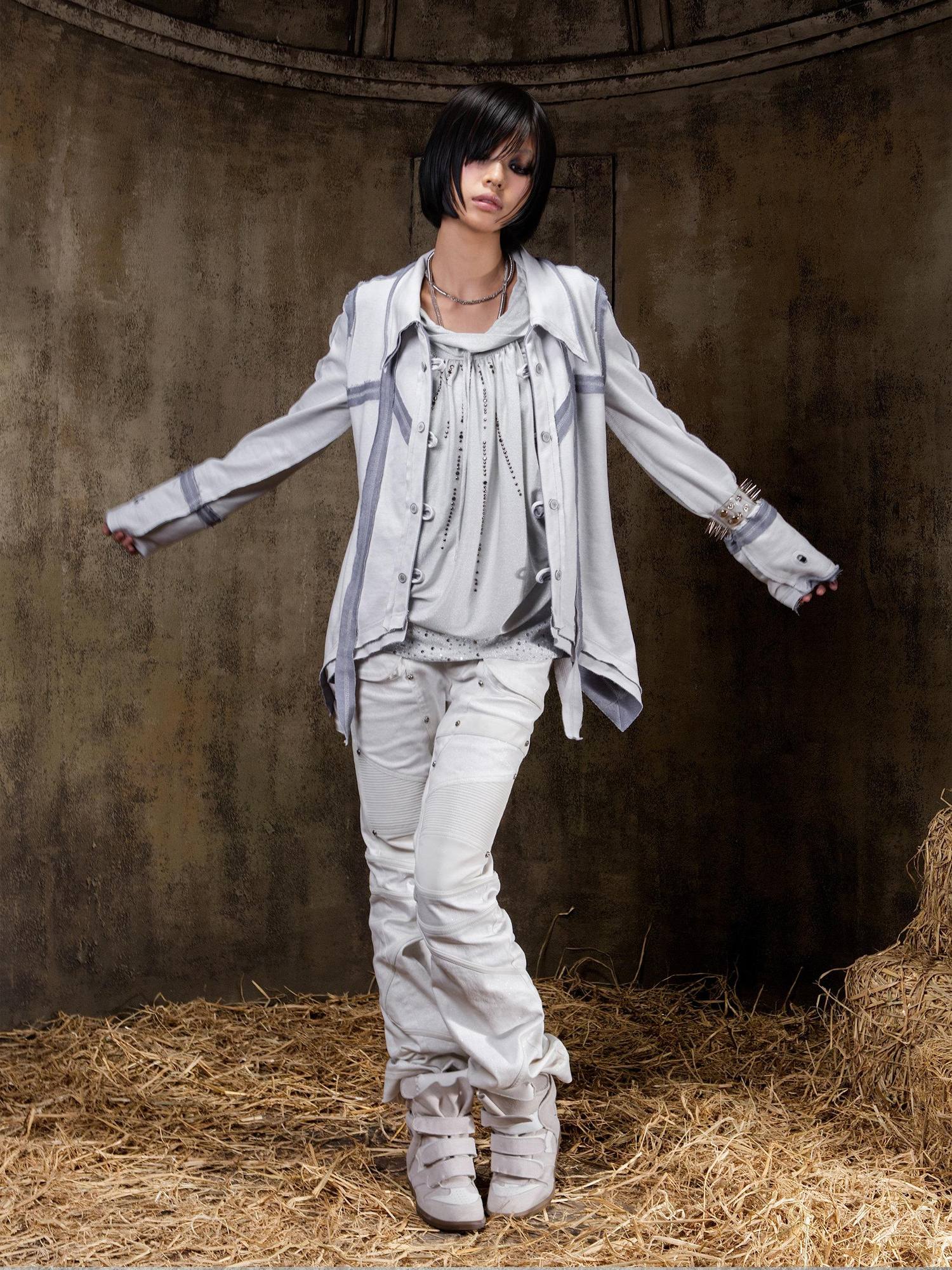 ARIADNAw Edgy Low Rise Straight Leg Stitched Patchwork Womens Punk Two Tone Pants