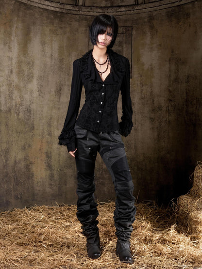 ARIADNAw Edgy Low Rise Straight Leg Stitched Patchwork Womens Punk Two Tone Pants