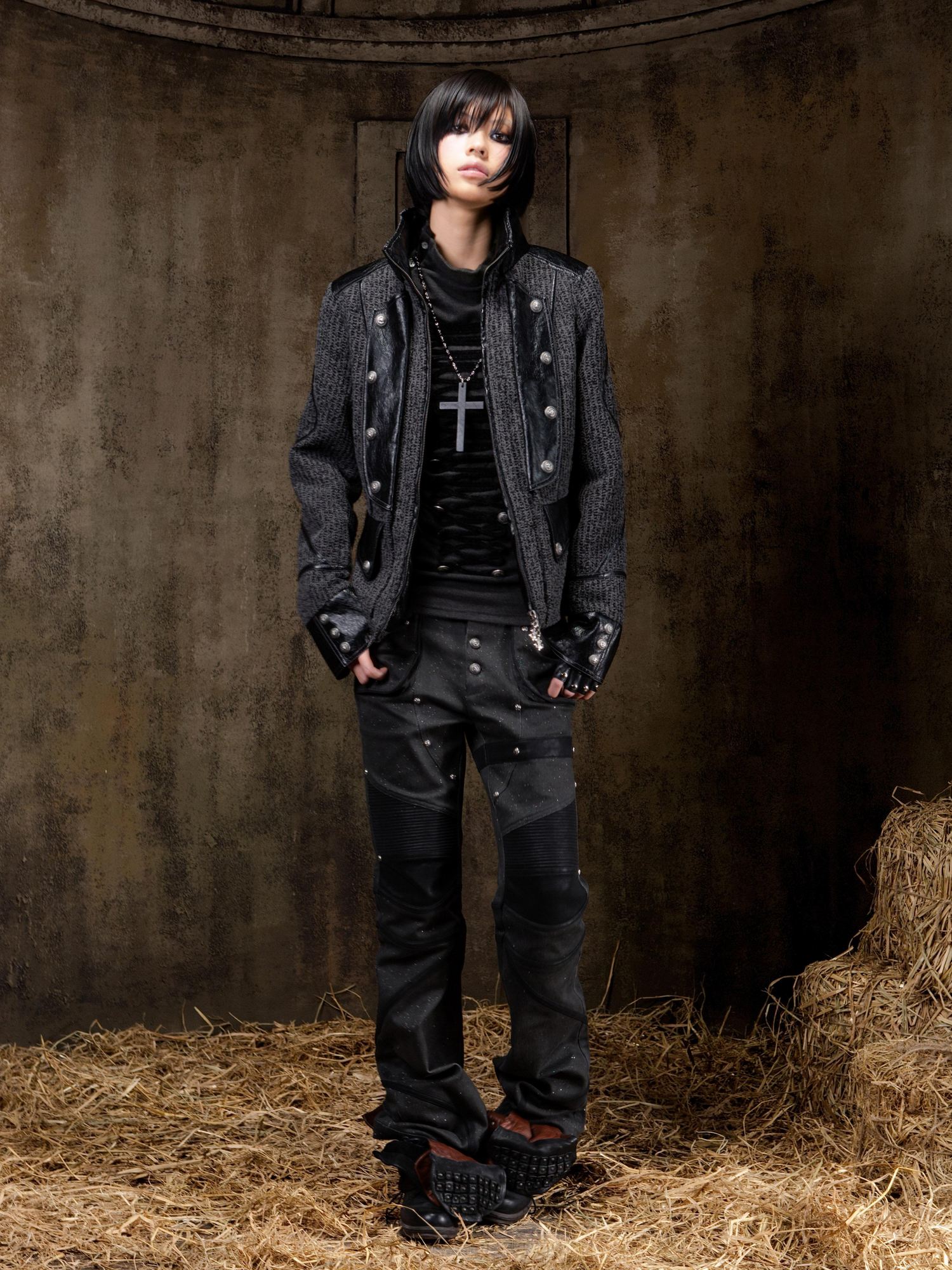 ARIADNAw Edgy Low Rise Straight Leg Stitched Patchwork Womens Punk Two Tone Pants