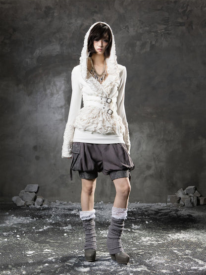 ARIADNAw Edgy Low Waist Punk Lantern Silhouette Womens Cream Mauve Utility Cargo Shorts