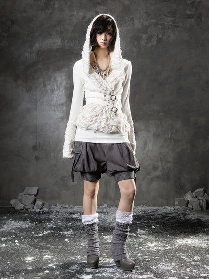 ARIADNAw Edgy Low Waist Punk Lantern Silhouette Womens Cream Mauve Utility Cargo Shorts