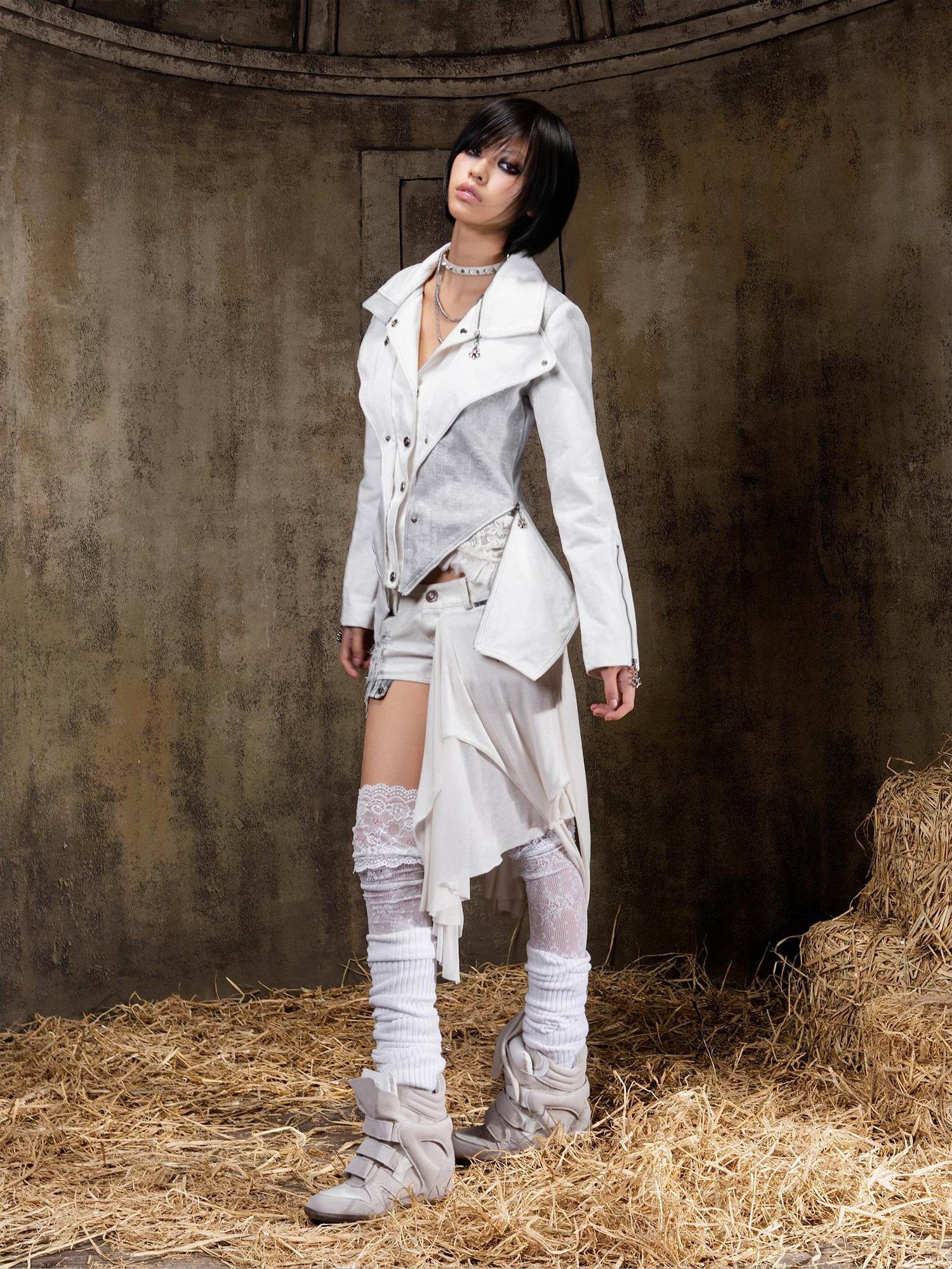 ARIADNAw Edgy Punk Slim Fit Faux Layered Button Front Women White Long Sleeve Jacket