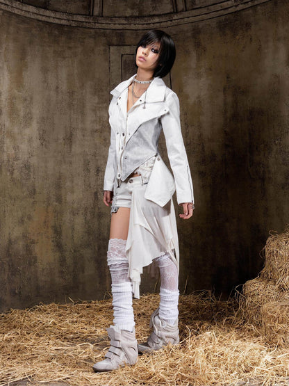 ARIADNAw Edgy Punk Slim Fit Faux Layered Button Front Women White Long Sleeve Jacket