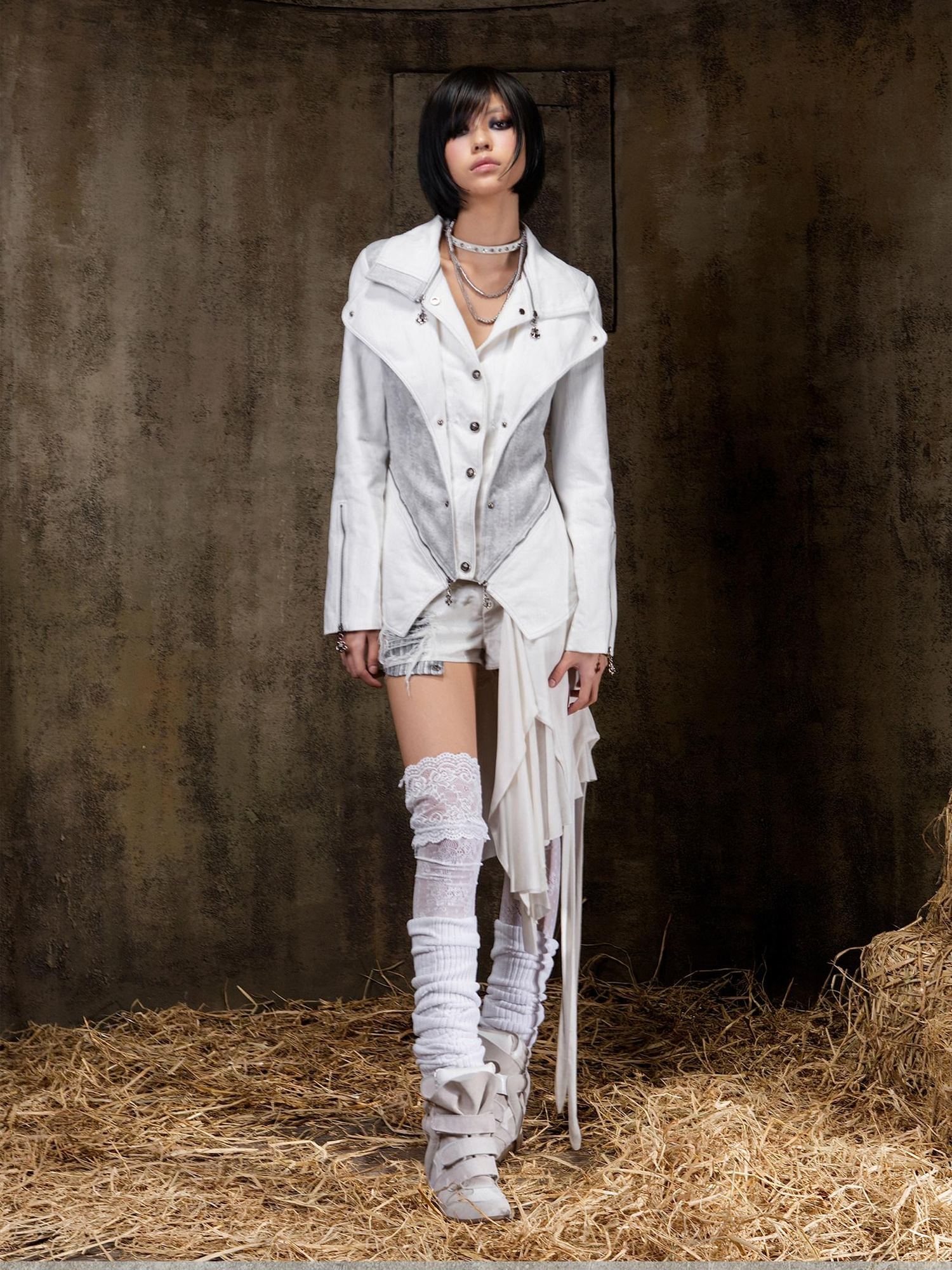 ARIADNAw Edgy Punk Slim Fit Faux Layered Button Front Women White Long Sleeve Jacket