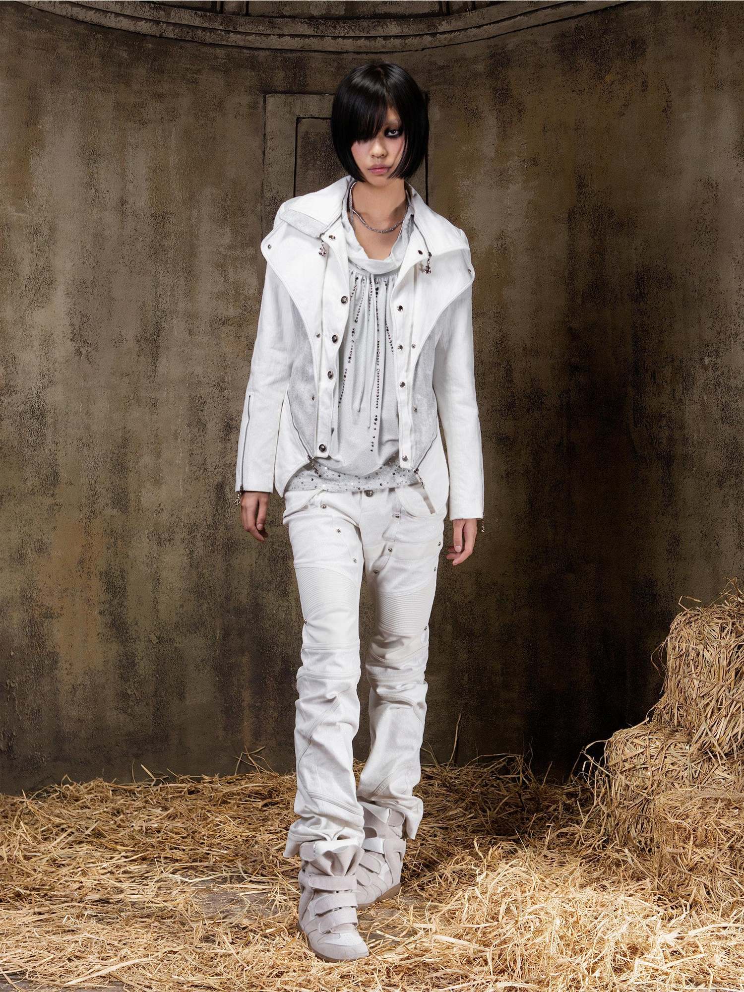 ARIADNAw Edgy Punk Slim Fit Faux Layered Button Front Women White Long Sleeve Jacket