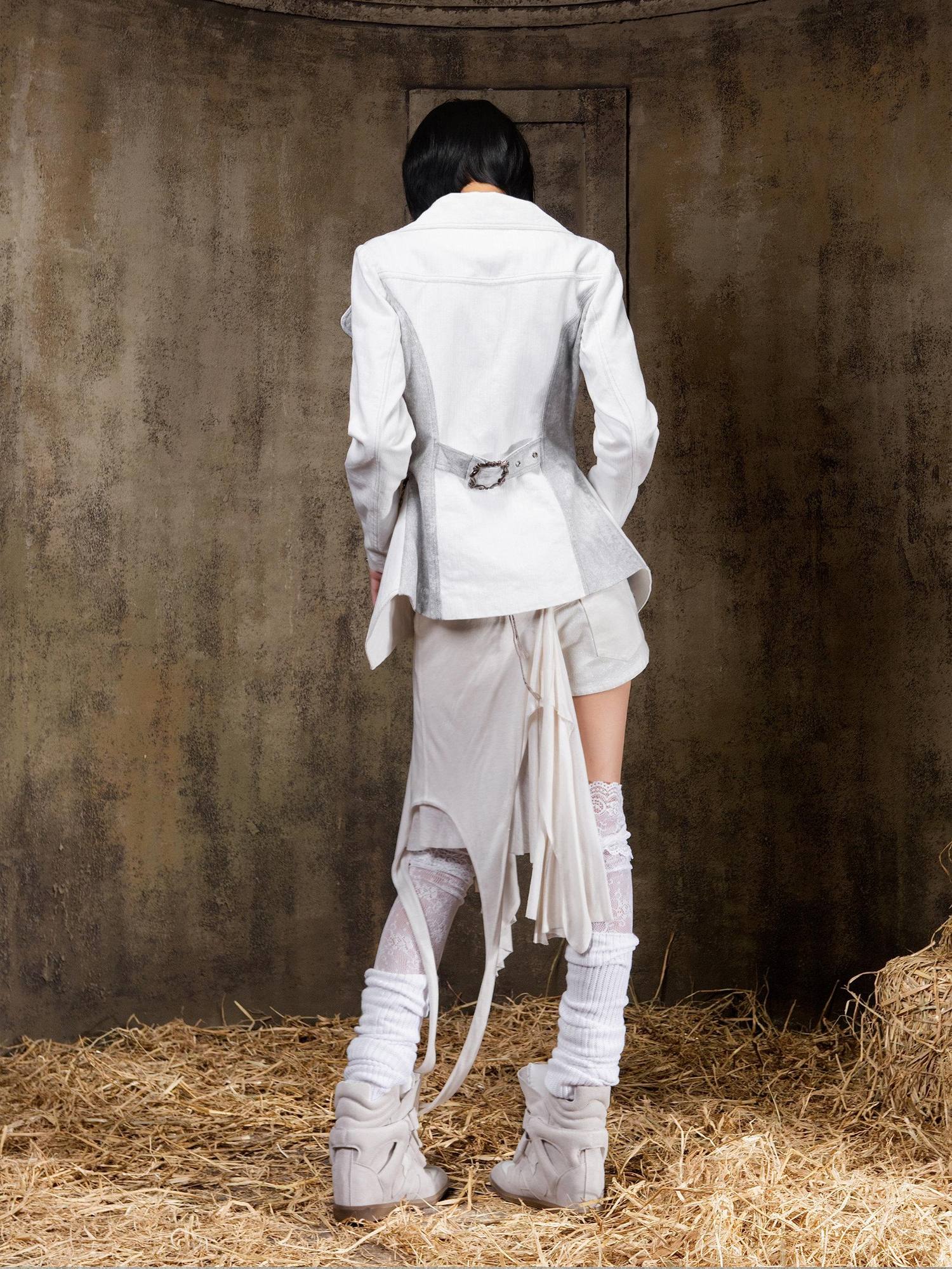 ARIADNAw Edgy Punk Slim Fit Faux Layered Button Front Women White Long Sleeve Jacket