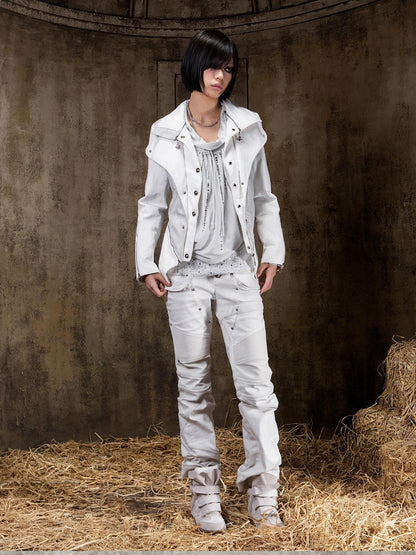 ARIADNAw Edgy Punk Slim Fit Faux Layered Button Front Women White Long Sleeve Jacket