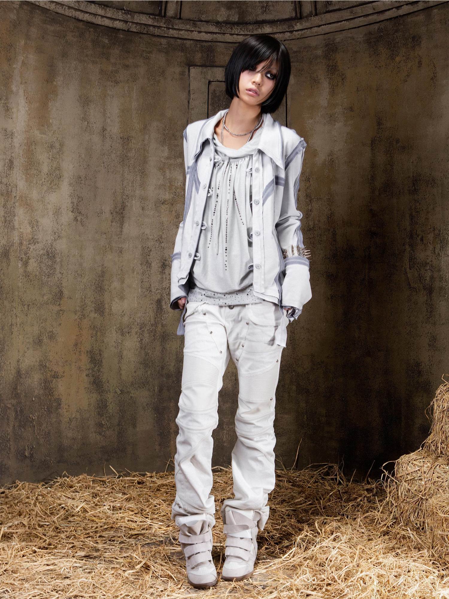 ARIADNAw Edgy Punk Slim Fit Faux Layered Button Front Women White Long Sleeve Jacket