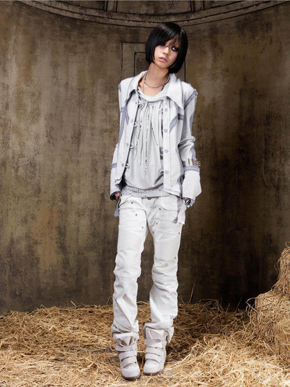 ARIADNAw Edgy Punk Slim Fit Faux Layered Button Front Women White Long Sleeve Jacket