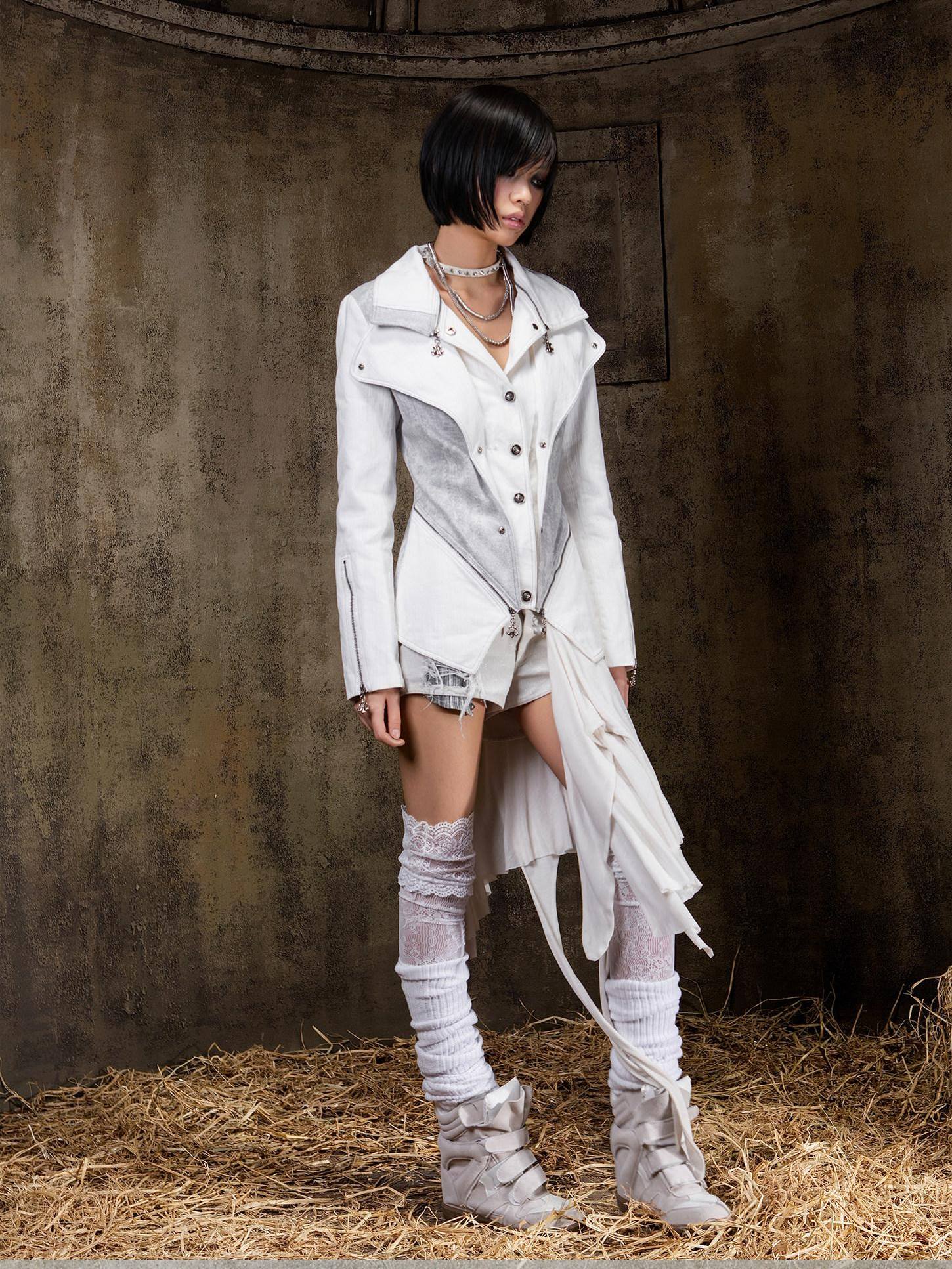 ARIADNAw Edgy Punk Slim Fit Faux Layered Button Front Women White Long Sleeve Jacket