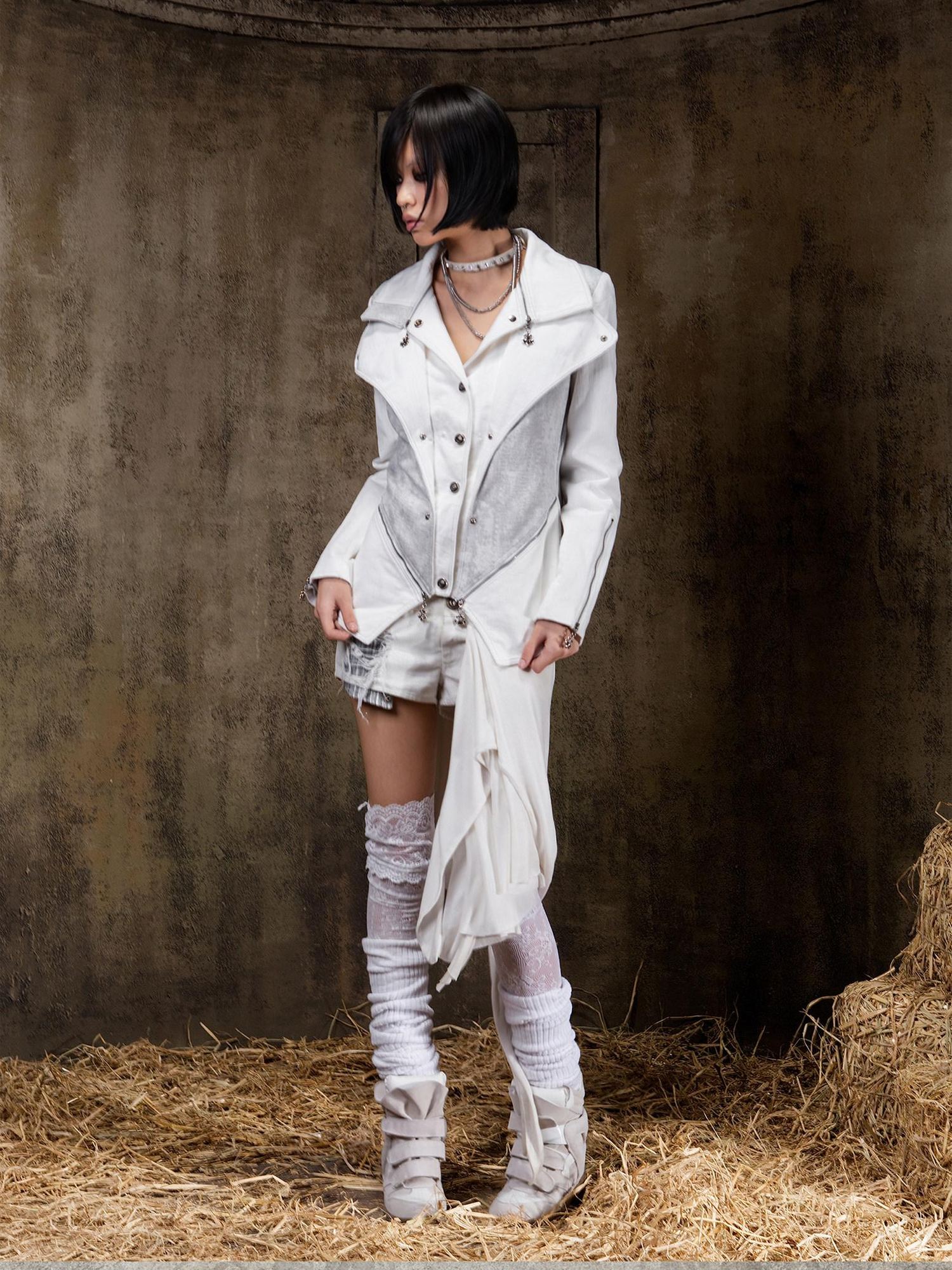 ARIADNAw Edgy Punk Slim Fit Faux Layered Button Front Women White Long Sleeve Jacket