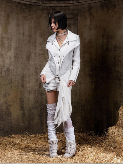 ARIADNAw Edgy Punk Slim Fit Faux Layered Button Front Women White Long Sleeve Jacket