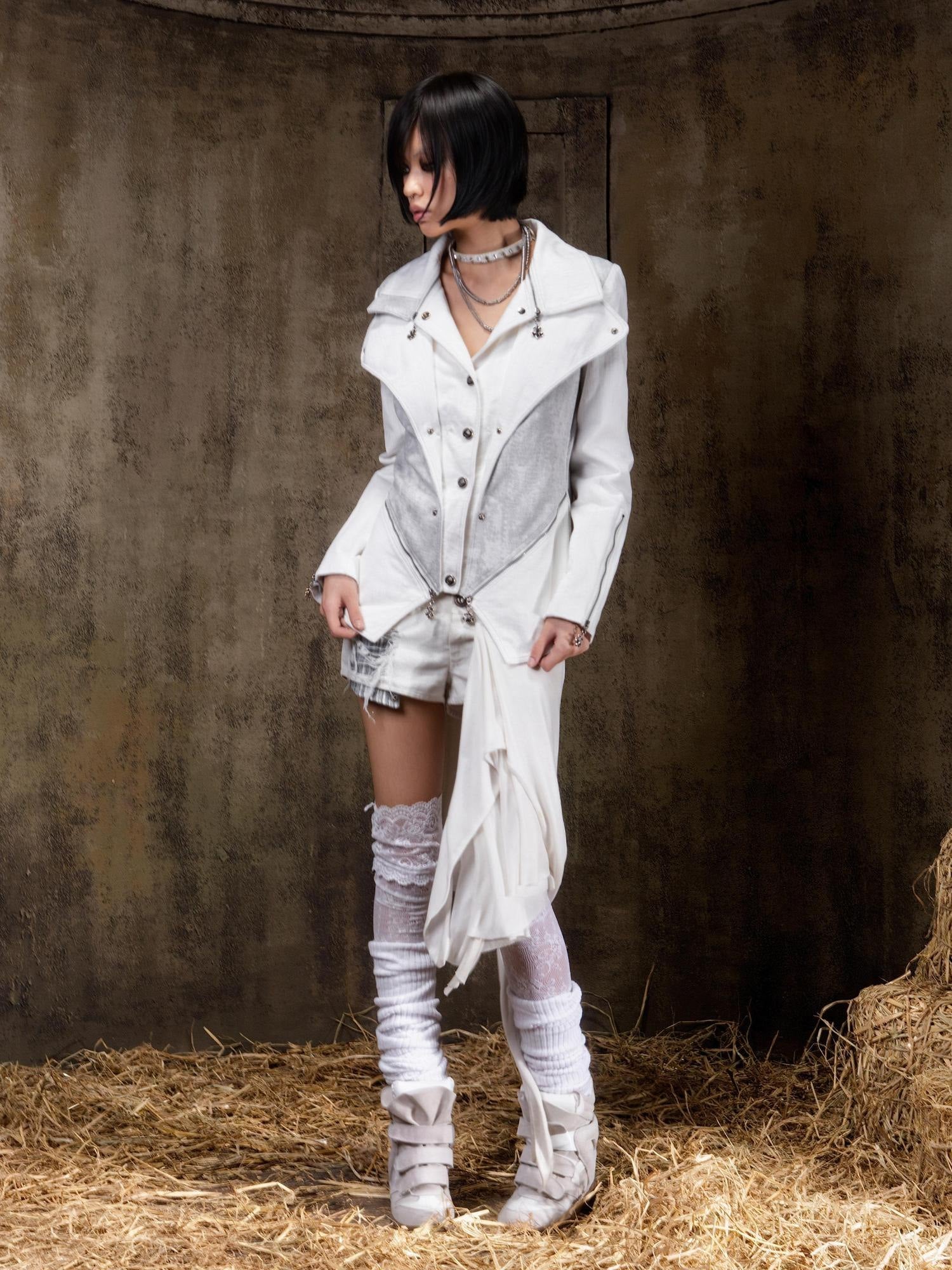 ARIADNAw Edgy Punk Slim Fit Faux Layered Button Front Women White Long Sleeve Jacket