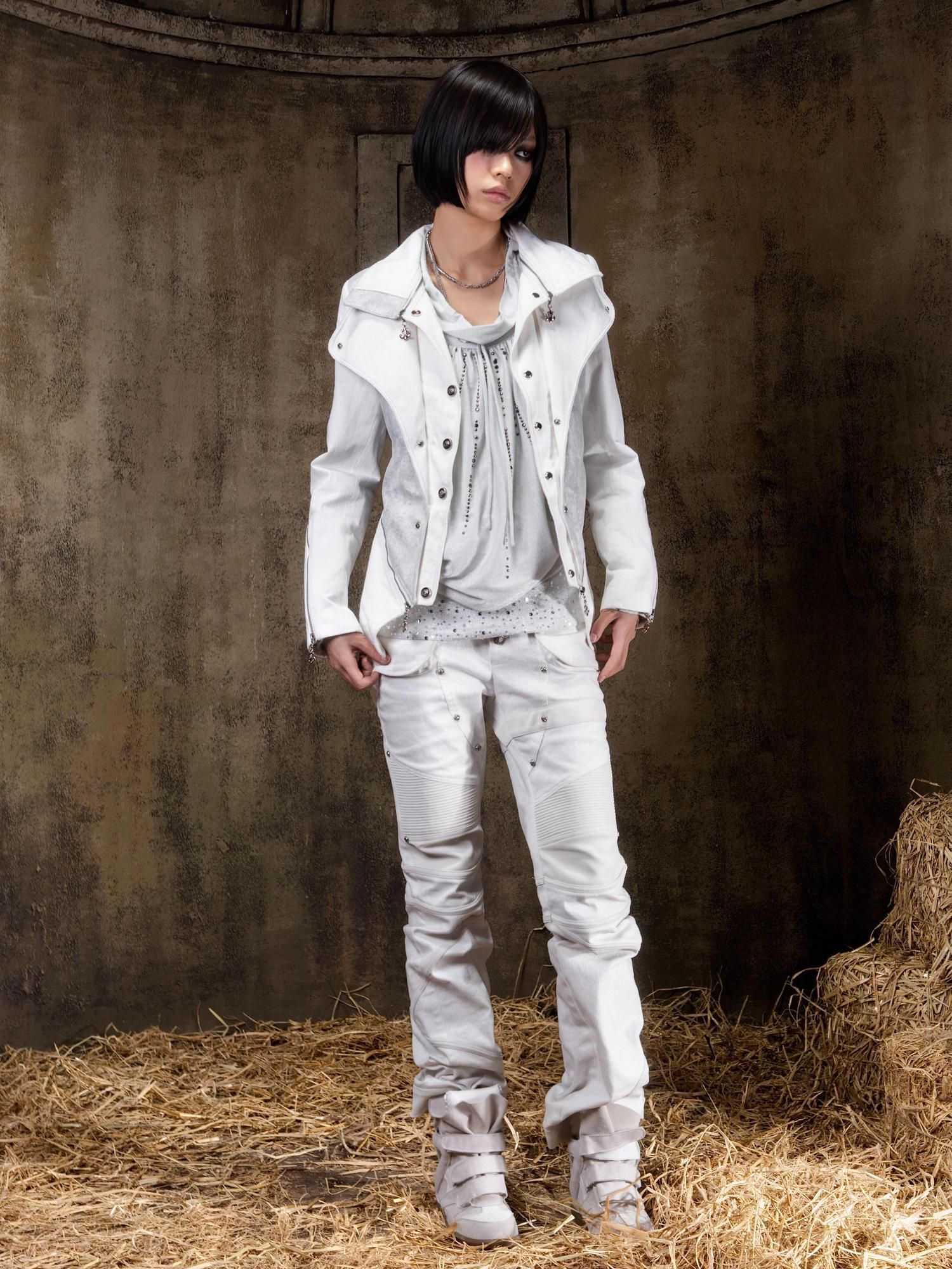 ARIADNAw Edgy Punk Slim Fit Faux Layered Button Front Women White Long Sleeve Jacket