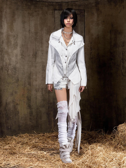 ARIADNAw Edgy Punk Slim Fit Faux Layered Button Front Women White Long Sleeve Jacket