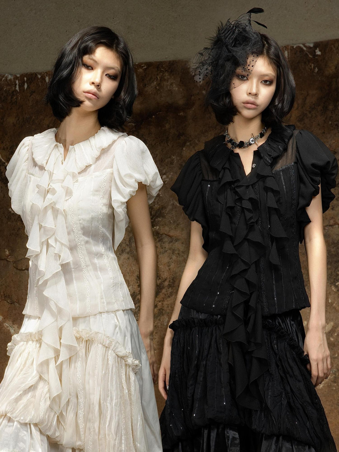 ARIADNAw Edgy Punk Slim Fit Short Sleeve Round Neck Black White Puff-Sleeve Blouses