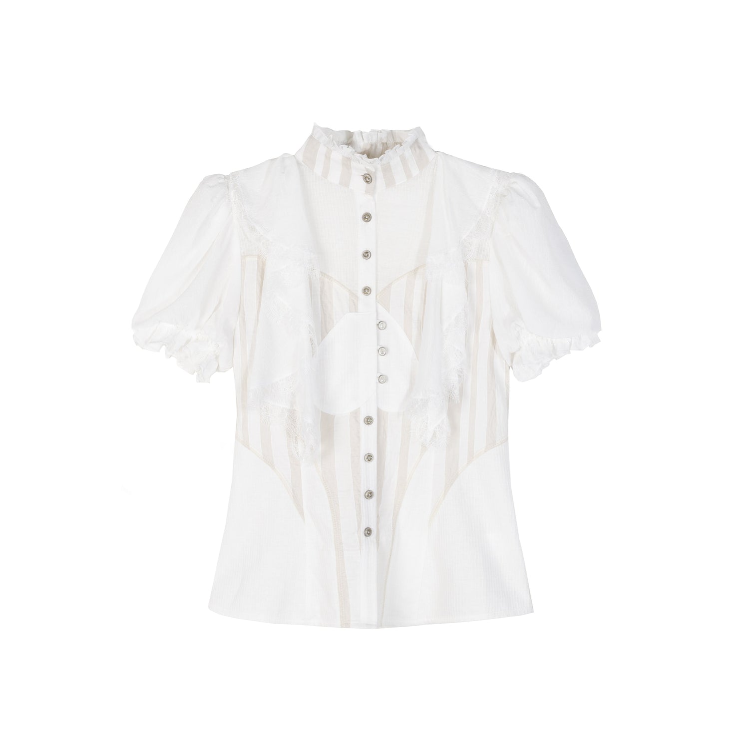 ARIADNAw Edgy Punk Stand Collar Short Sleeve Striped Women Puff-Sleeve Blouses