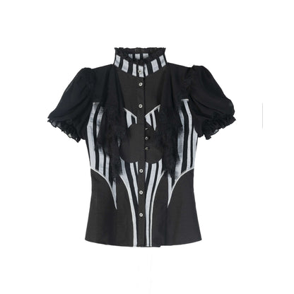 ARIADNAw Edgy Punk Stand Collar Short Sleeve Striped Women Puff-Sleeve Blouses