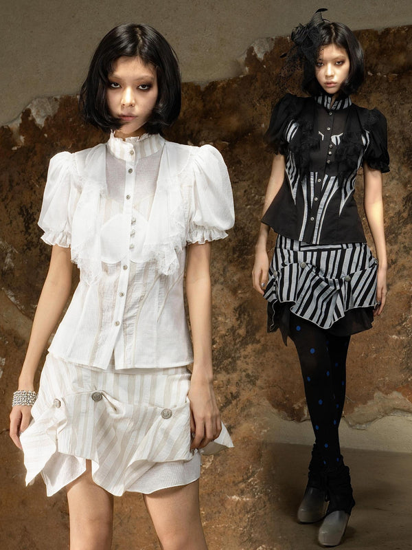 Edgy Punk Stand Collar Short Sleeve Striped Women Puff-Sleeve Blouses