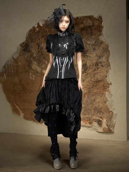 ARIADNAw Edgy Punk Stand Collar Short Sleeve Striped Women Puff-Sleeve Blouses