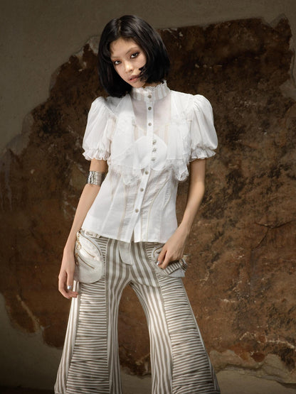 ARIADNAw Edgy Punk Stand Collar Short Sleeve Striped Women Puff-Sleeve Blouses