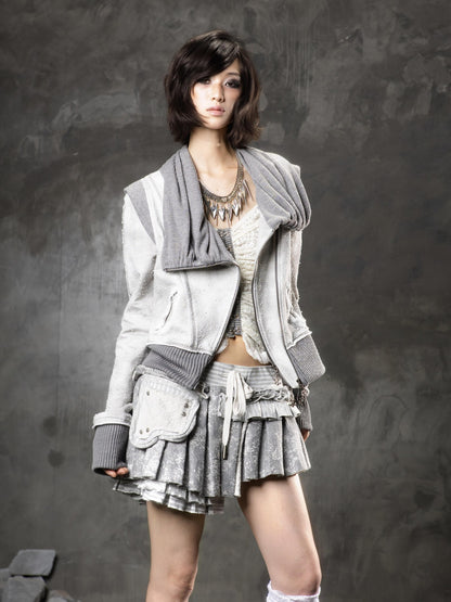 ARIADNAw Flattering Pleated Slim Fit Asymmetric Low Waist Spliced Black Grey Mini Skirts