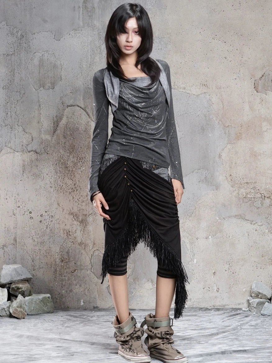 ARIADNAw Gothic Asymmetrical Knit Paneled Drawstring Skirt Skirt