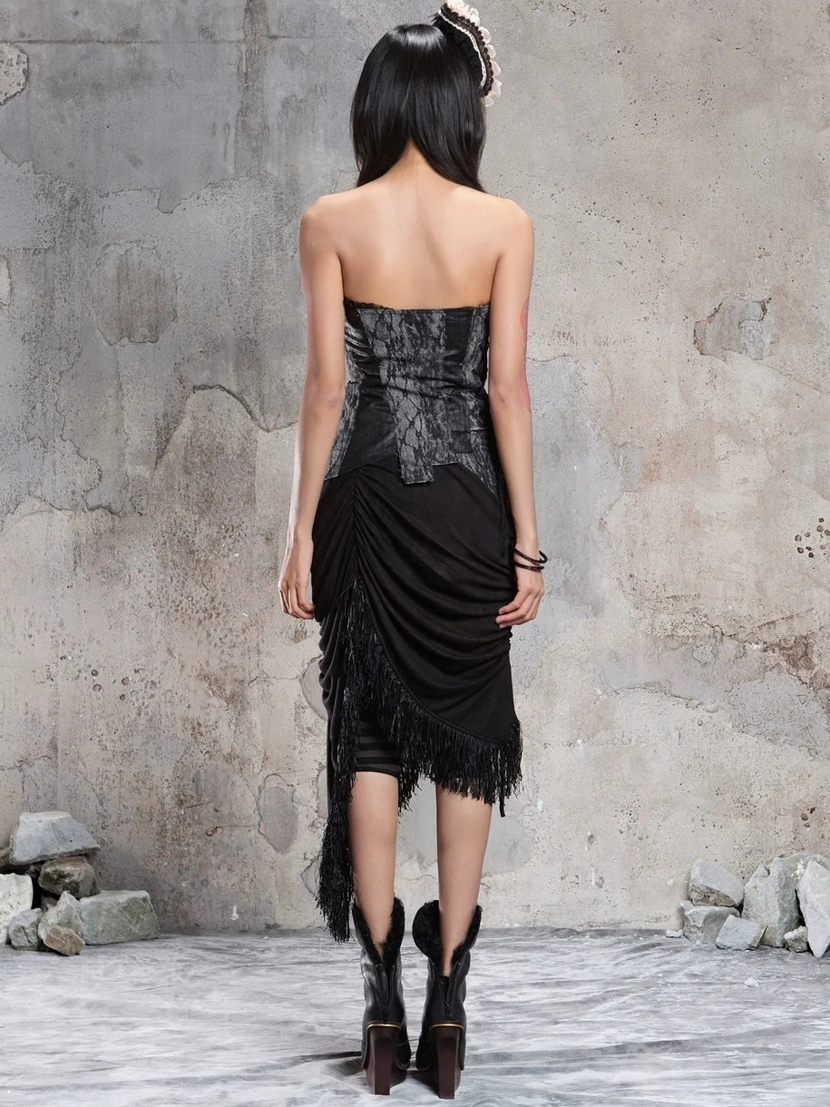 ARIADNAw Gothic Asymmetrical Knit Paneled Drawstring Skirt Skirt