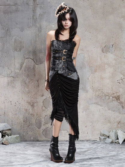 ARIADNAw Gothic Asymmetrical Knit Paneled Drawstring Skirt Skirt