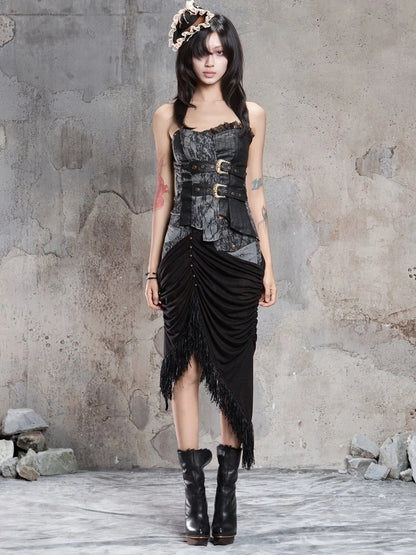 ARIADNAw Gothic Asymmetrical Knit Paneled Drawstring Skirt Skirt