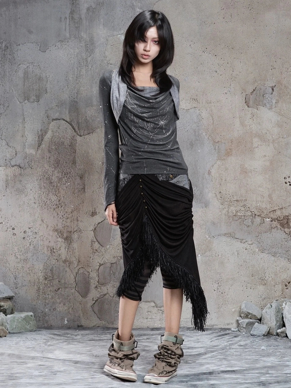 ARIADNAw Gothic Asymmetrical Knit Paneled Drawstring Skirt Skirt