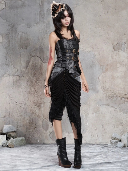 ARIADNAw Gothic Asymmetrical Knit Paneled Drawstring Skirt Skirt