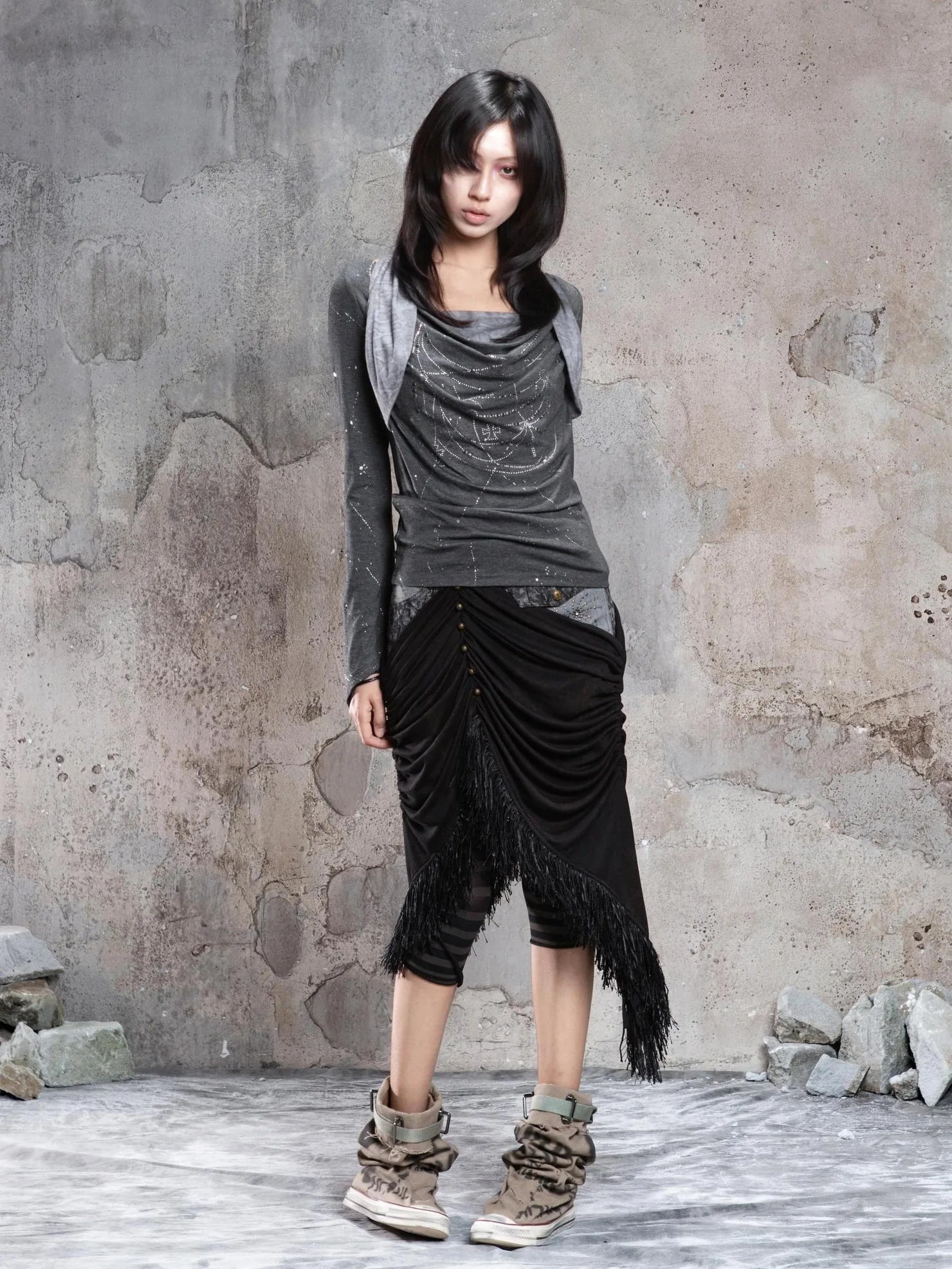 ARIADNAw Gothic Asymmetrical Knit Paneled Drawstring Skirt Skirt