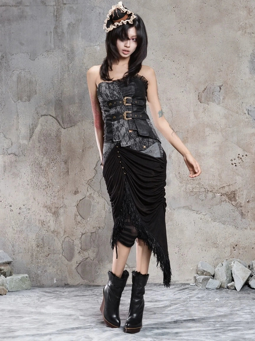 ARIADNAw Gothic Asymmetrical Knit Paneled Drawstring Skirt Skirt