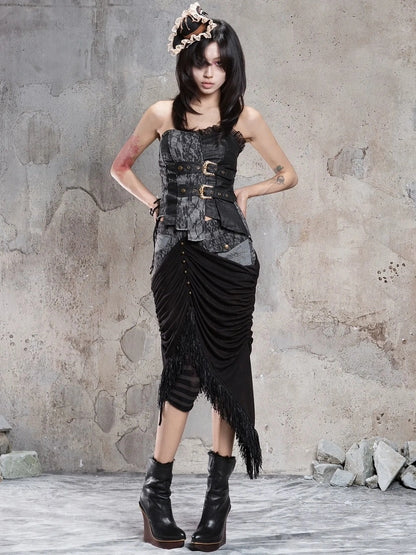 ARIADNAw Gothic Asymmetrical Knit Paneled Drawstring Skirt Skirt