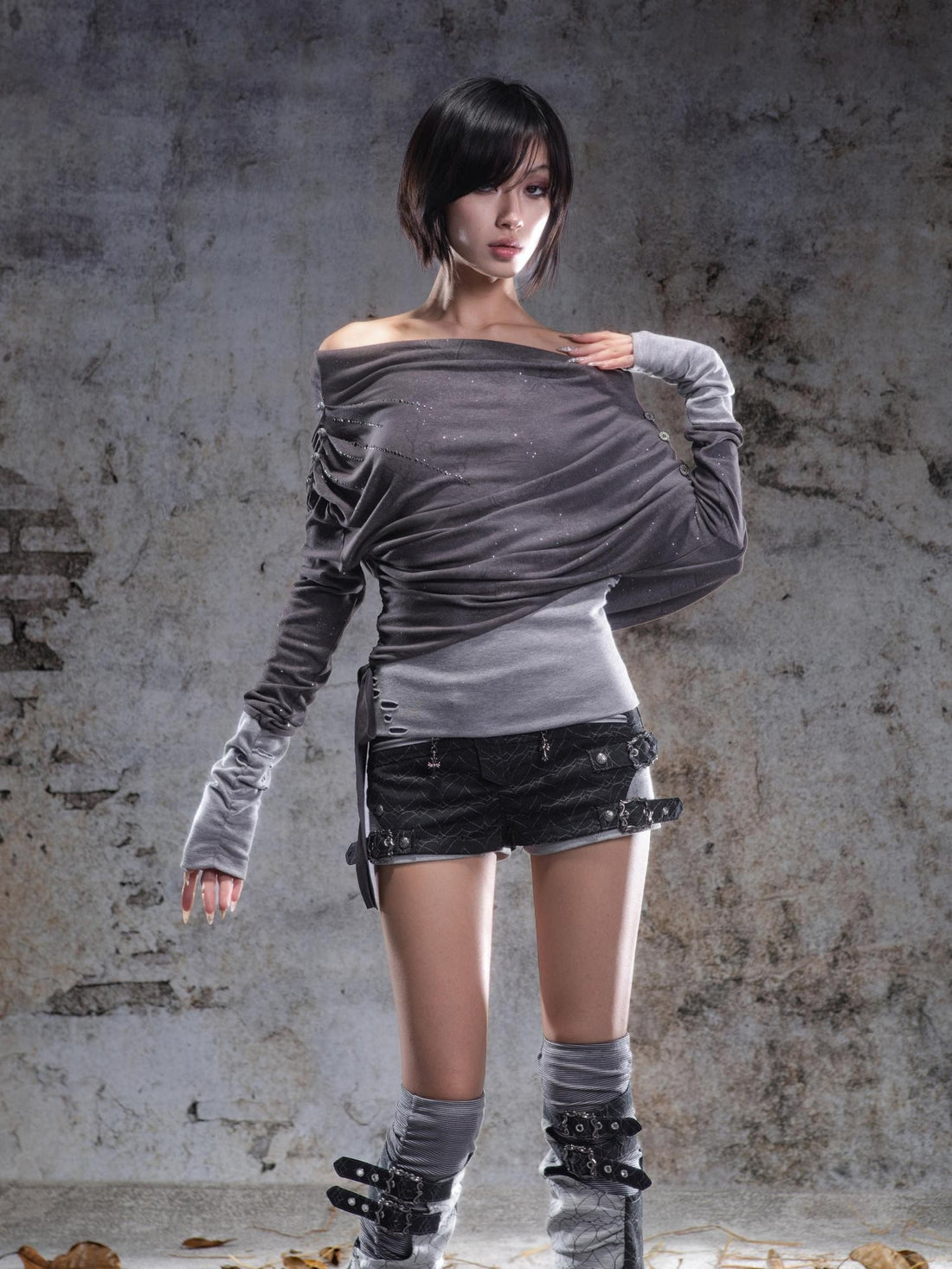 ARIADNAw Gray Purple Asymmetric One Shoulder Stretch Women&