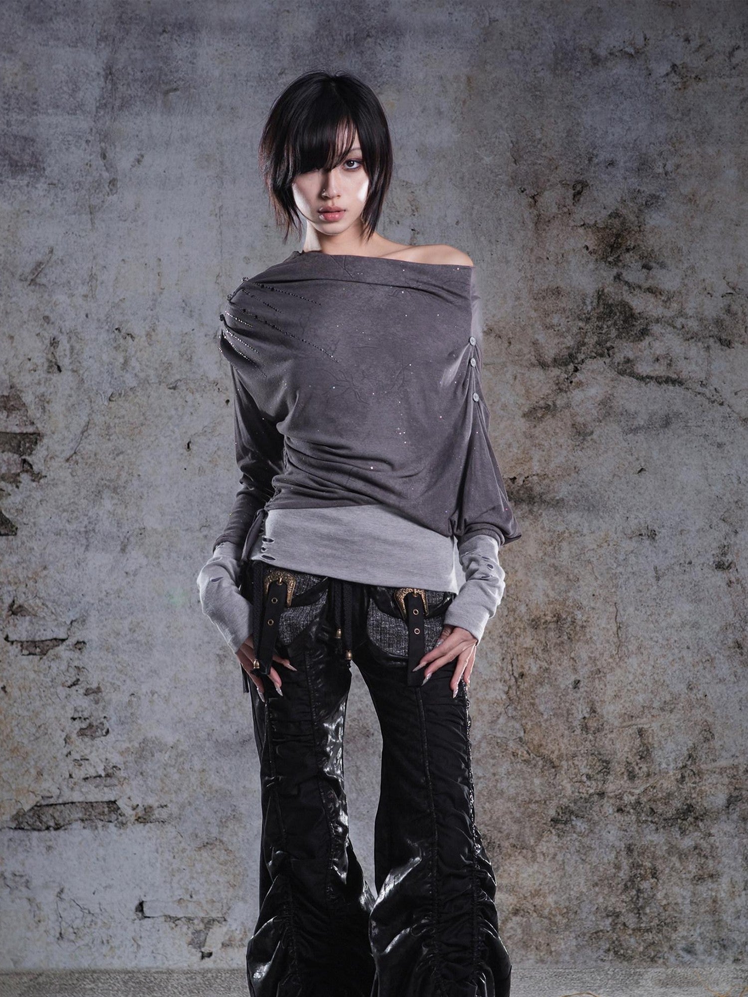 ARIADNAw Gray Purple Asymmetric One Shoulder Stretch Women&
