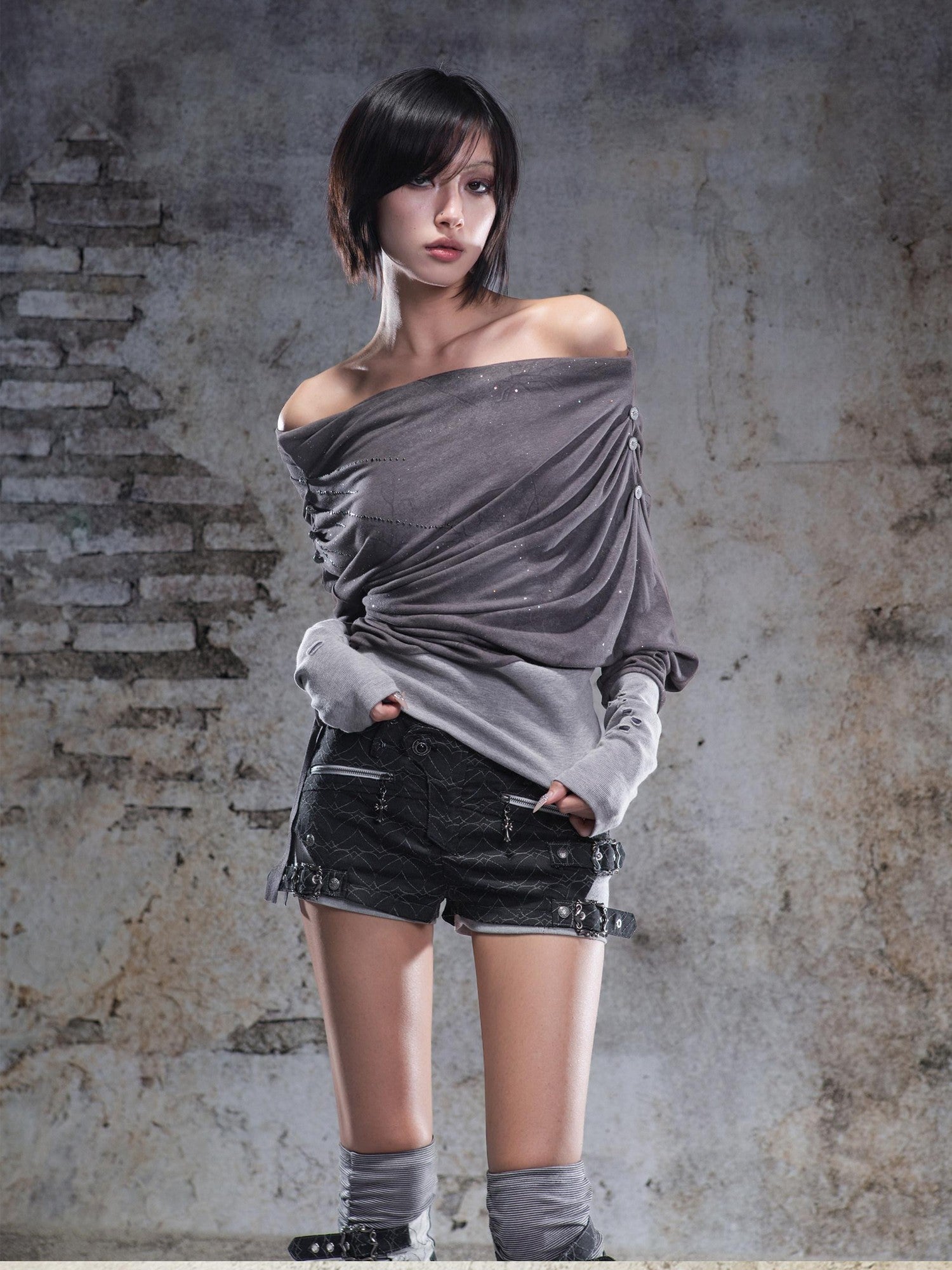 ARIADNAw Gray Purple Asymmetric One Shoulder Stretch Women&