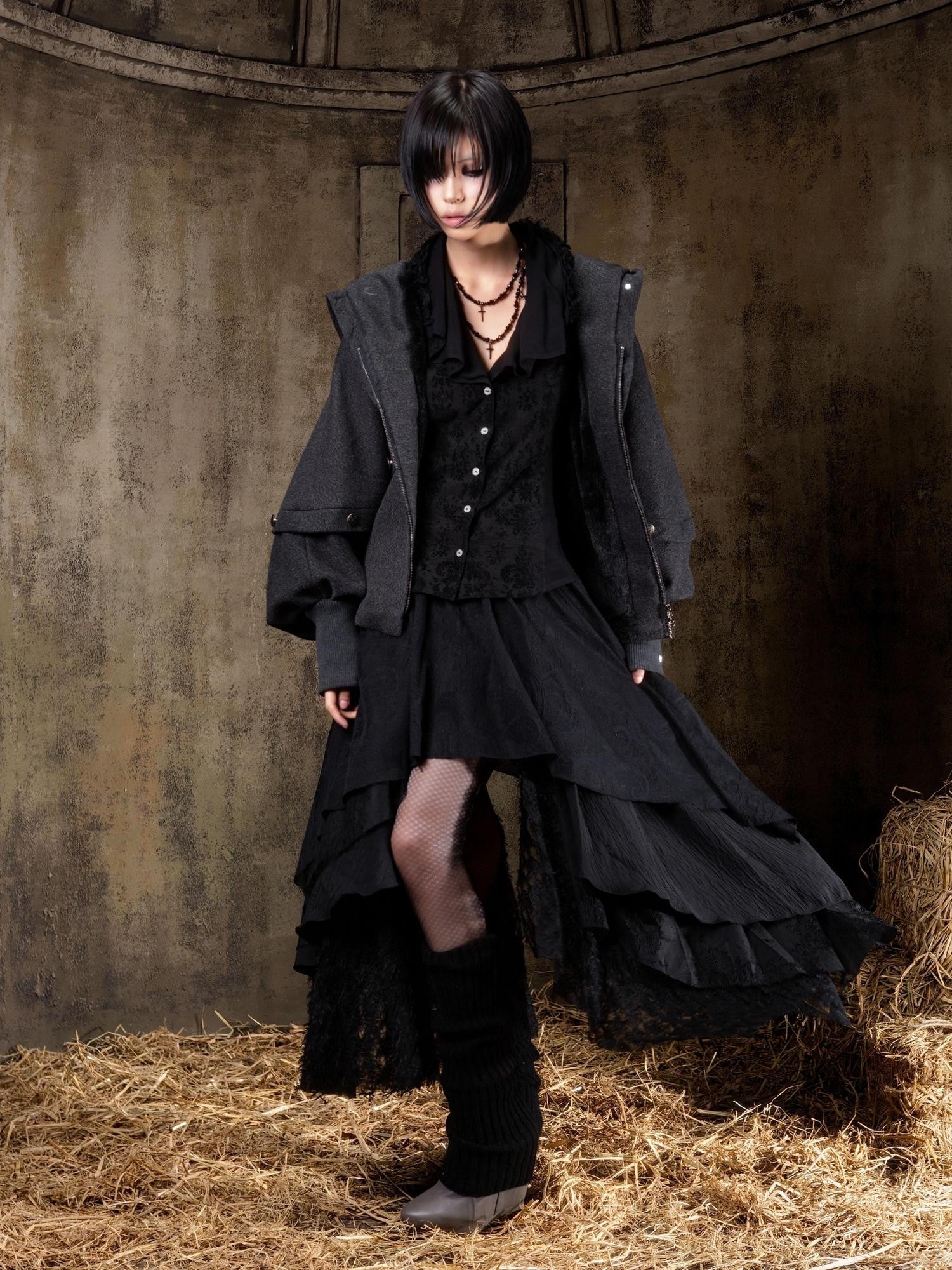ARIADNAw Hooded Oversized Punk Gothic Regal Zipper Long Sleeve Women&