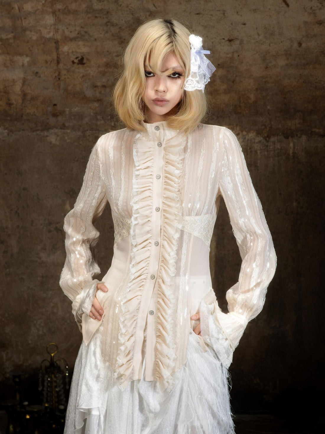 ARIADNAw Lace Sequin Embroidered High Neck Long Sleeve Women&